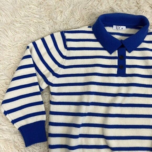 Womens Vintage 70s Acrylic Women Henley Sweater Large White Blue Striped Medium - Picture 11 of 11